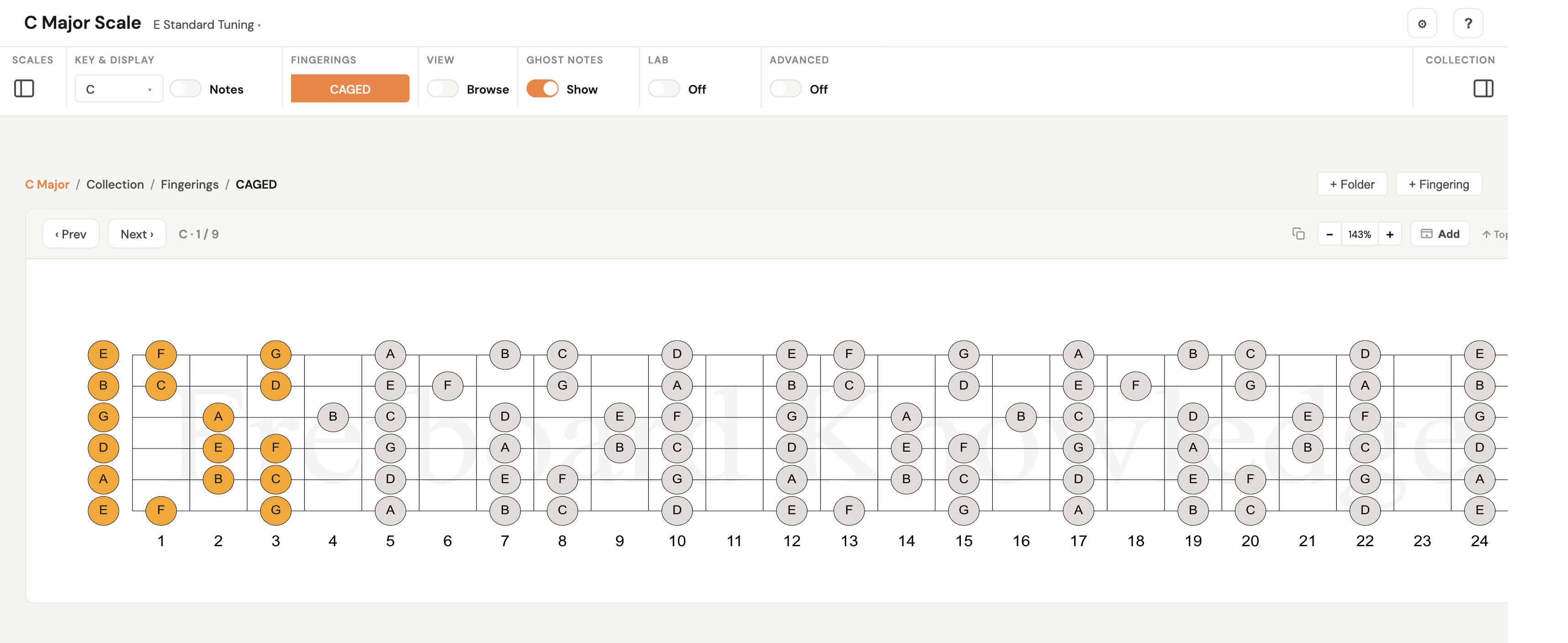 A CAGED position of the C major scale in Fretly's position browser