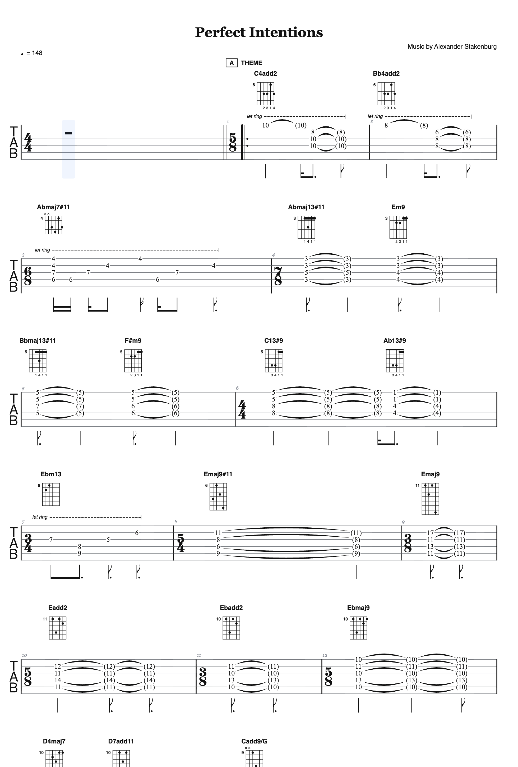 A full guitar tab of the piece Perfect Intentions in Fretly, with chord diagrams above the staff and let-ring markings